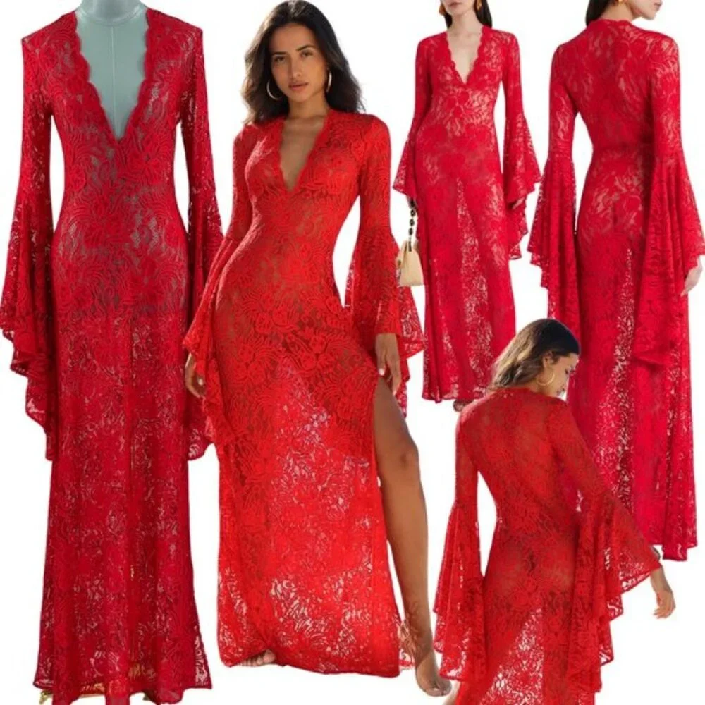 🆕 ALEXANDRA MIRO 🧿 NWOT Kara Long Boylen Sleeve Kaftan, Red Lace - Sz XS - Picture 1 of 14